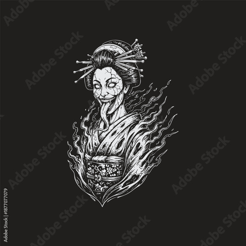 Vintage engraving of a demonic Japanese geisha with a cracked face, long serpentine tongue, and sharp teeth, emerging from stylized flames, isolated on a black background.