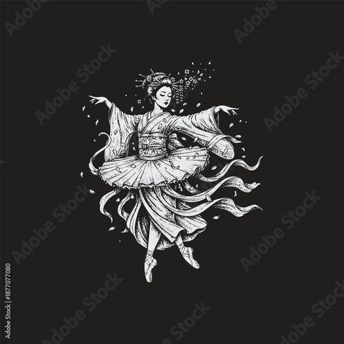Surreal vintage engraving of a Japanese geisha in a traditional kimono performing a ballet dance with ribbons and falling cherry blossom petals isolated on a black background