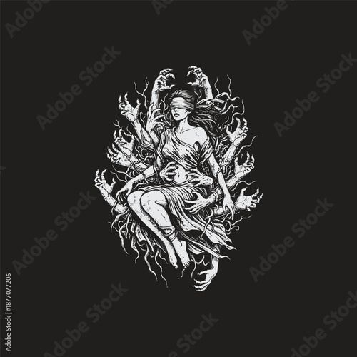 Surreal vintage engraving of a blindfolded woman sitting in a meditative pose, surrounded by and entwined with numerous demonic reaching hands and tangled roots, isolated on a black background