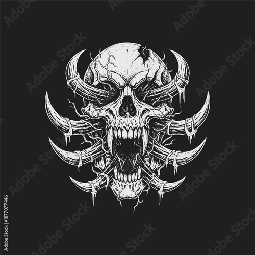 Surreal vintage engraving of a demonic human skull with sharp predatory fangs and multiple curved horns piercing through the jaw and eye sockets isolated on a black background