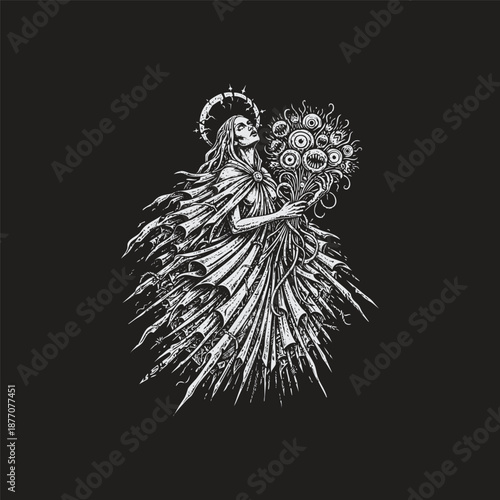 Surreal vintage engraving of a mystical woman in a tattered cloak with a halo, holding a bouquet of grotesque eyeballs and sharp thorns, isolated on a black background