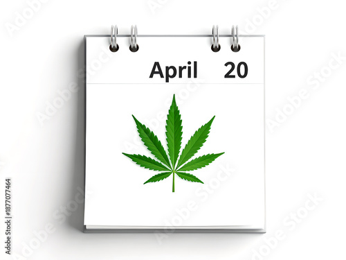 Minimal calendar page displaying April 20 with a green cannabis leaf symbol, representing 4/20 marijuana culture and legalization themes