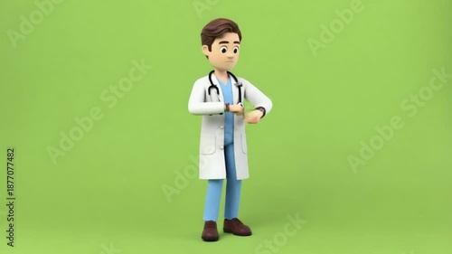 Friendly doctor in white coat smiling and checking watch on green background