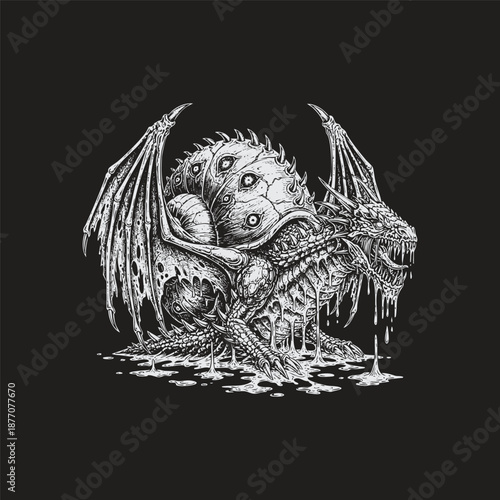 Surreal vintage engraving of a monstrous hybrid creature with the body of a dragon, skeletal wings, and a giant snail shell covered in multiple blinking eyeballs, dripping with slime, isolated on a bl