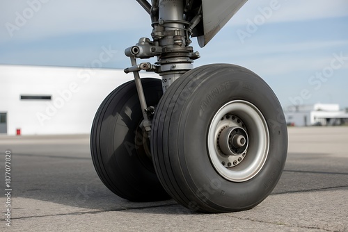 Close-up view of airplane landing gear
