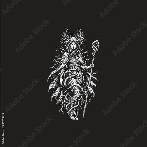 Vintage engraving of a mystical forest witch or druid priestess wearing a hooded cloak and antler crown, holding a gnarled wooden staff and entwined in thorny vines isolated on a black background.