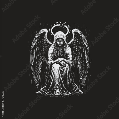 Vintage engraving illustration of a sorrowful winged angel in a hooded robe kneeling in prayer under a glowing halo and falling rain isolated on black background
