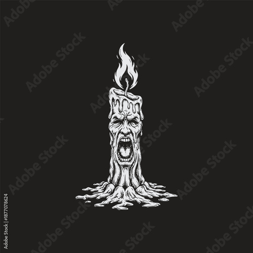 Vintage engraving illustration of a single melting wax candle with a terrifying screaming human face carved into its body isolated on a black background
