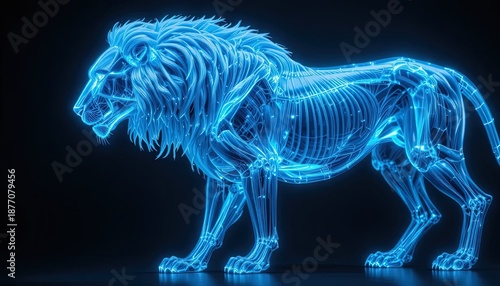 Digital wireframe representation of a majestic male lion illuminates a dark background with vibrant blue light