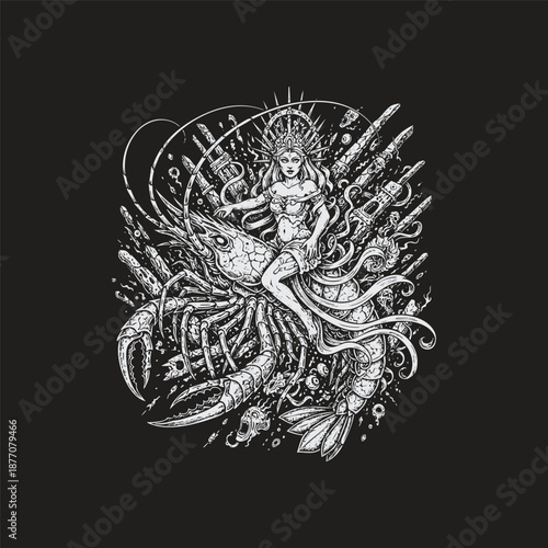 Surreal vintage engraving of a mystical sea goddess or siren with a crown, riding atop a massive, monstrous lobster or crustacean amidst swirling underwater debris and lost souls, isolated