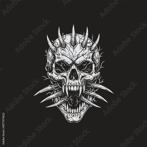 Surreal vintage engraving of a demonic human skull with multiple sharp fangs and long, jagged spikes protruding from the cranium and jawline, entwined with thorny vines, isolated on a black background