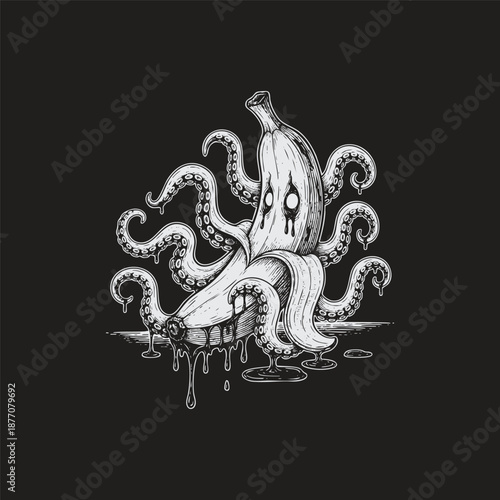 Surreal vintage engraving of a peeled banana with a ghostly, weeping face, featuring numerous cephalopod tentacles erupting from its base and sides, dripping with dark liquid, isolated on a black back