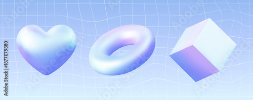 Transparent glass hearts and holographic 3D shapes in blue, pink, purple gradients. Y2K crystal icons, chrome spheres, geometric objects for trendy digital art.