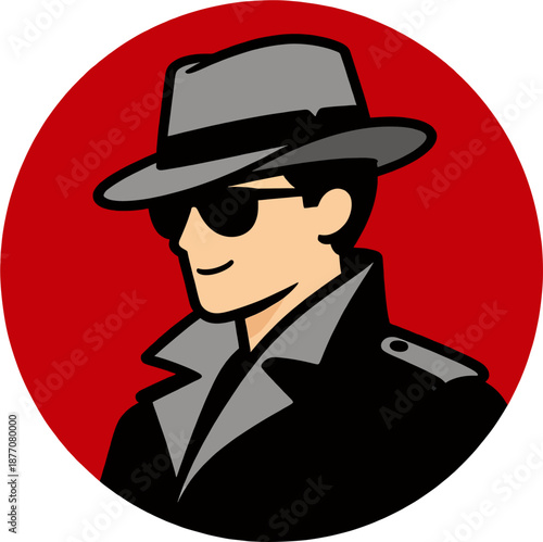 Cartoon Detective Smiling with Sunglasses Fedora Coat in Red Circle, Stylish Noir Investigator Avatar Vector Logo