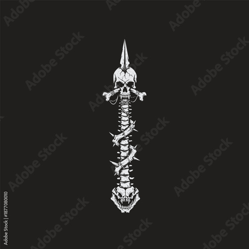 Surreal vintage engraving of a ritual dagger or spear where the hilt and blade are integrated with a human spine, vertebrae, and a demonic skull at the crossguard, isolated on a black background.