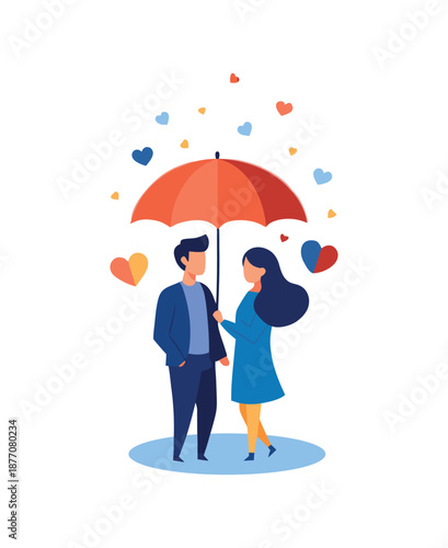 Romantic Couple Under Umbrella Flat Vector Illustration – Love and Togetherness Concept