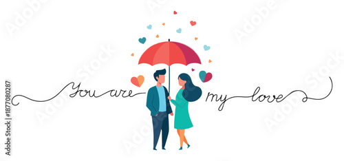 Romantic Couple in Love Under Umbrella with Floating Red Hearts Vector Illustration
