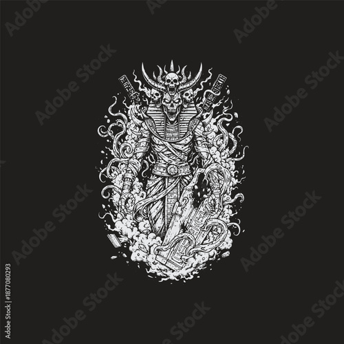 Surreal vintage engraving of a demonic Egyptian mummy or pharaoh wrapped in ancient bandages, wearing a skull-adorned headdress with curved horns, holding a stone tablet amidst swirling ethereal smoke