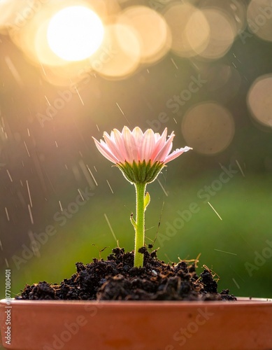 Close up of young flower buds and green sprouts growing in soil during a soft spring rain shower
