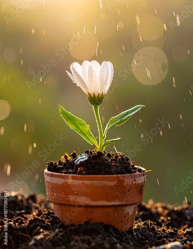 Close up of young flower buds and green sprouts growing in soil during a soft spring rain shower