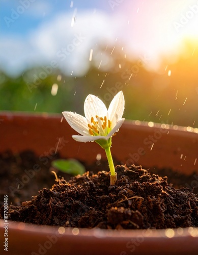 Close up of young flower buds and green sprouts growing in soil during a soft spring rain shower