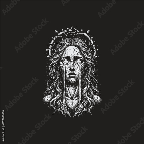 Surreal vintage engraving of a mystical goddess with a cracked, stone-like face and body, weeping glowing liquid from empty eyes, adorned with a shattered celestial halo, isolated