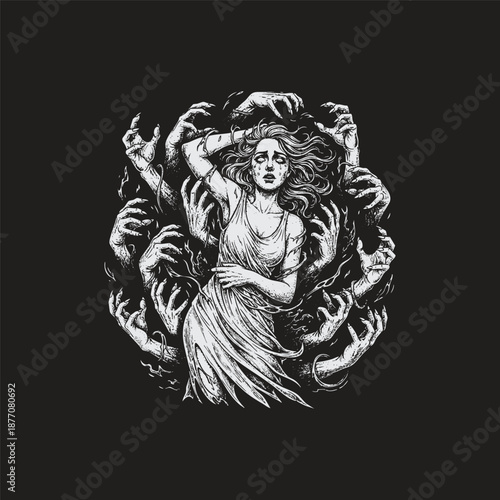 Surreal vintage engraving of a weeping, ghostly woman in a tattered dress, her body being engulfed and pulled by a circular mass of numerous grasping demonic hands, isolated on a black background.