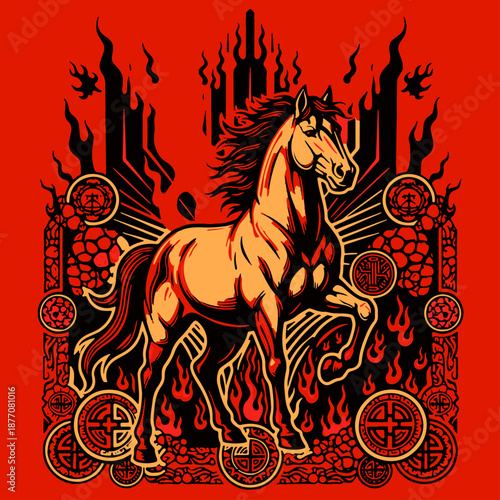 Dynamic horse illustration with flames and abstract patterns