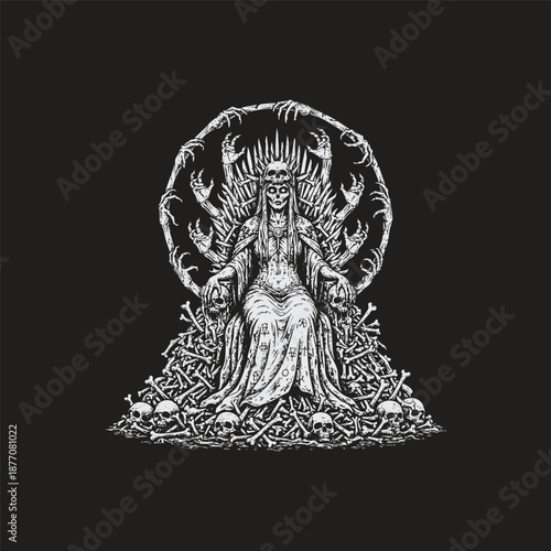 Surreal vintage engraving of a skeletal queen sitting on a throne of bones and skulls, surrounded by a circular halo of reaching skeletal hands, isolated on a black background