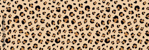 Seamless leopard print pattern with brown spots on beige background. Vector animal skin texture perfect for fabric design, fashion textiles, and safari-themed decoration projects.