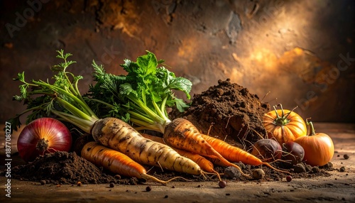 Root vegetables still have green stalks, indicating freshness and organic harvest.l