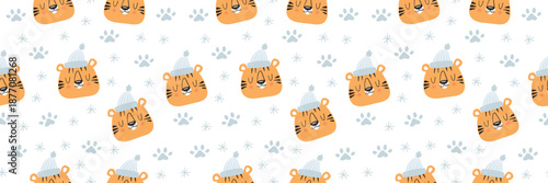 Cute tiger pattern with Christmas elements. Seamless animal design featuring baby cats in festive winter attire. Perfect for kids holiday decor and seasonal gift wrap.
