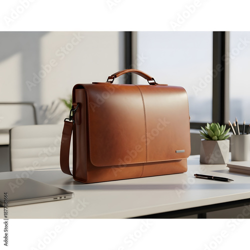 Brown leather bag on office desk with plants and laptop