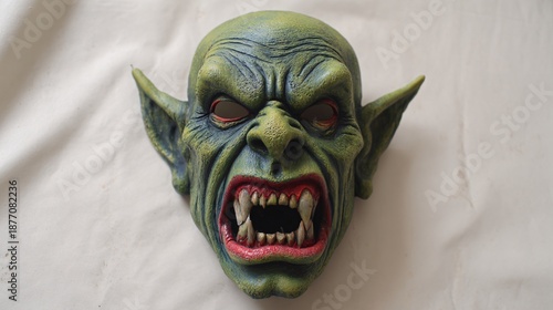 Realistic green goblin mask with sharp teeth and angry expression on white background
