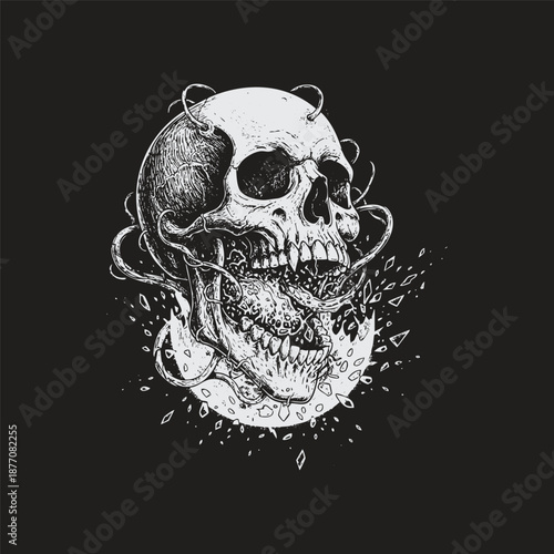 Surreal vintage engraving of a human skull being shattered from within, with gnarled roots or vines weaving through the eye sockets and jaw, surrounded by flying shards of bone, isolated