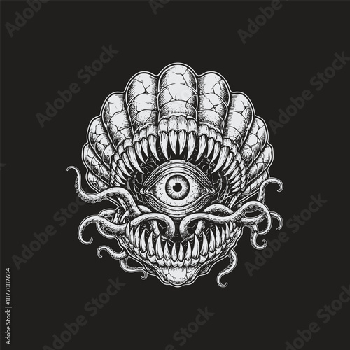 Surreal vintage engraving of a giant seashell that opens to reveal a large, central human eye and a gaping mouth filled with rows of sharp, jagged fangs, with tentacles emerging from the base