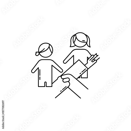 Adult hand giving food to children, charity concept icon