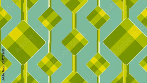Geometric pattern with green and yellow diamonds on a teal background.