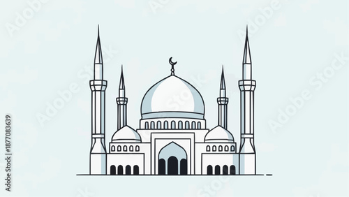 Simple line drawing of a mosque with domes and minarets.
