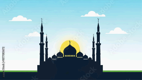 Silhouette of a mosque with minarets and dome against a blue sky.