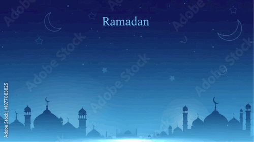 Ramadan Night Sky with Mosque Silhouette and Crescent Moon.