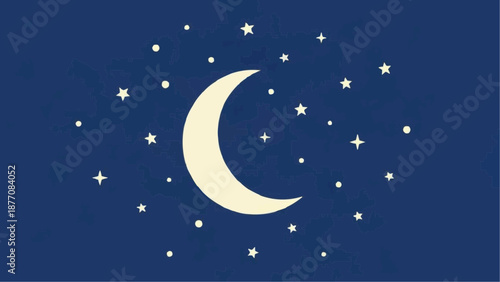 Crescent Moon and Stars in Night Sky Illustration.