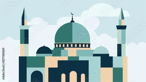 Islamic Mosque with Minarets and Dome against Cloudy Sky.