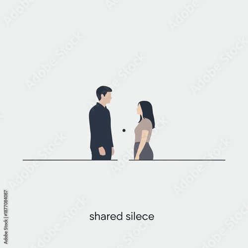 Couple facing each other in minimalist style with empty space between them.