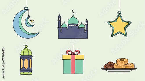Islamic decorations and traditional sweets on light background.