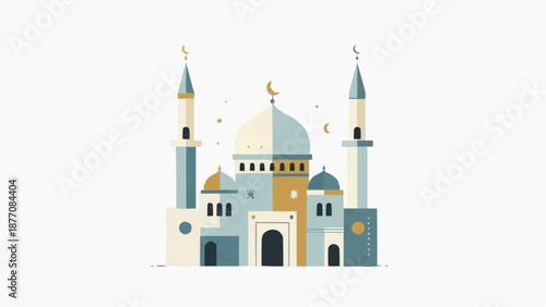 Islamic mosque with minarets and crescent moon illustration.