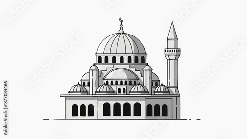 Detailed black and white illustration of a mosque with domes and minaret.