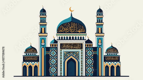 Islamic mosque with intricate blue and gold architectural design.