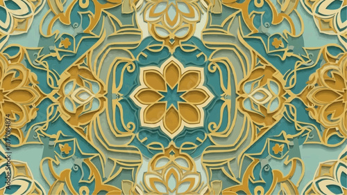 Ornate floral pattern with intricate gold and teal design.