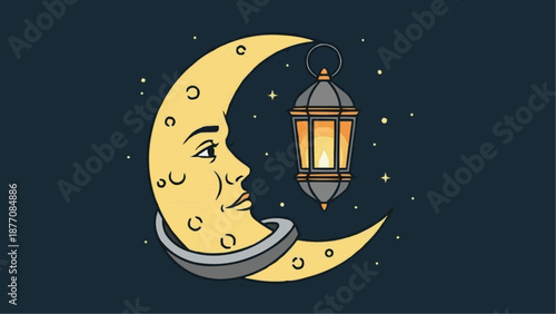 Crescent Moon with Face and Lantern Illustration.